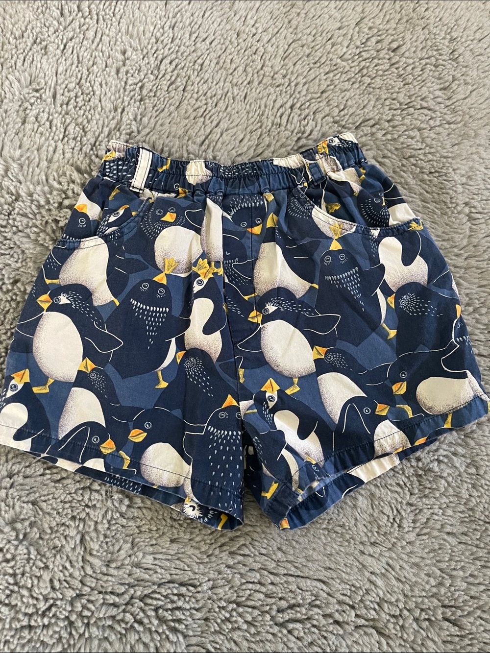 Vintage Jean Bourget Navy Penguin Print Shorts with Yellow Accents Sz 3/4Y